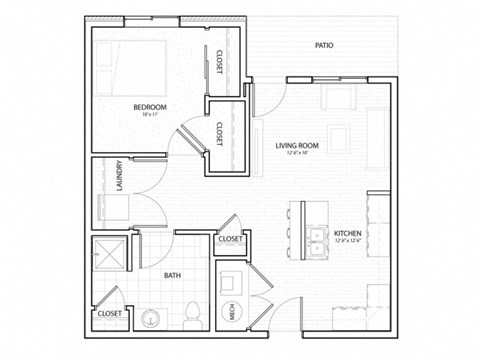 Floor plan for 1 bed, 1 bath, 653 sqft